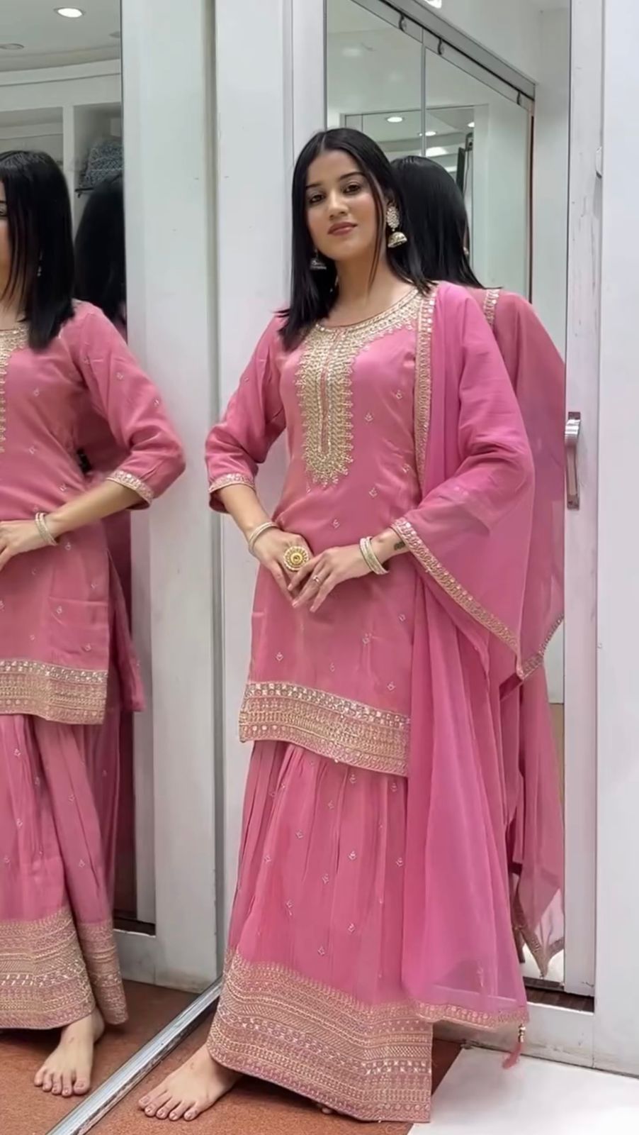 Pink Color Beautiful Partywear Dress in Chinon Fabric