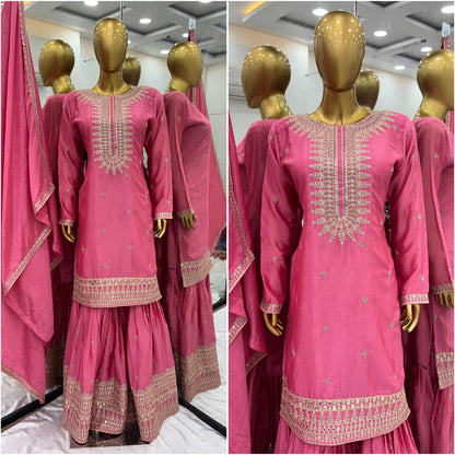 Pink Color Beautiful Partywear Dress in Chinon Fabric