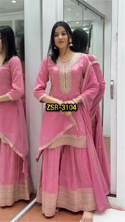 Pink Color Beautiful Partywear Dress in Chinon Fabric