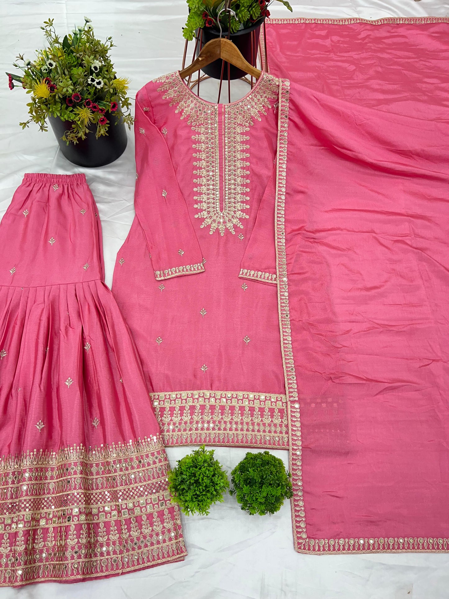 Pink Color Beautiful Partywear Dress in Chinon Fabric
