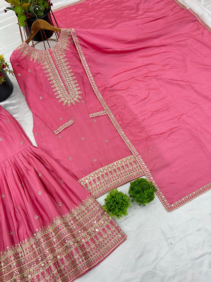 Pink Color Beautiful Partywear Dress in Chinon Fabric