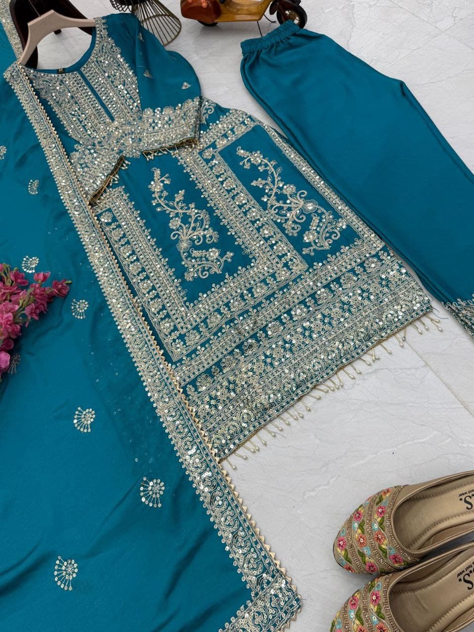 Designer Party Top Pent & Dupatta Set in blue color