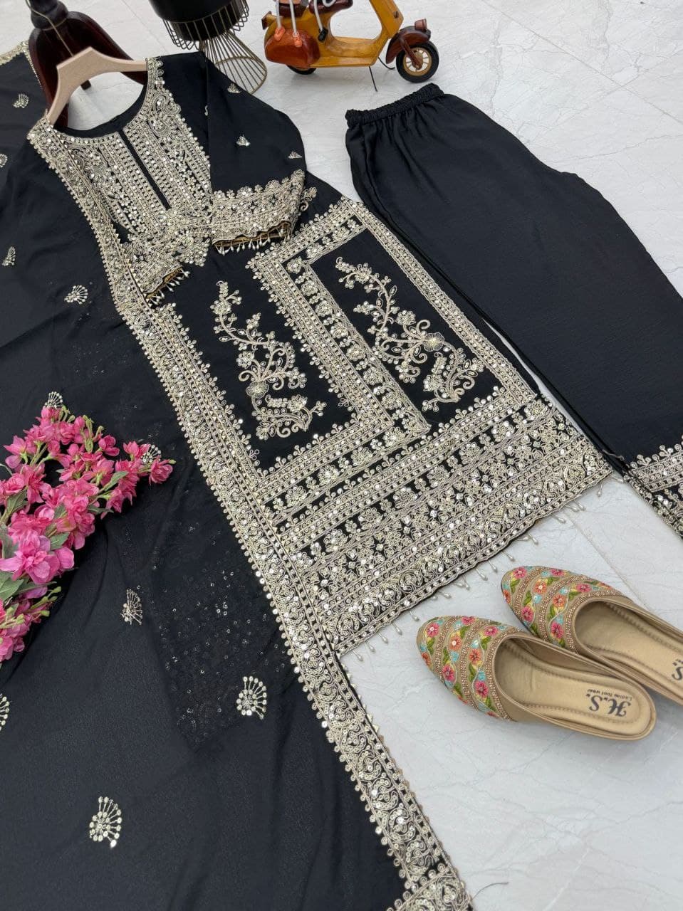 Designer Party Top Pent & Dupatta Set in black color