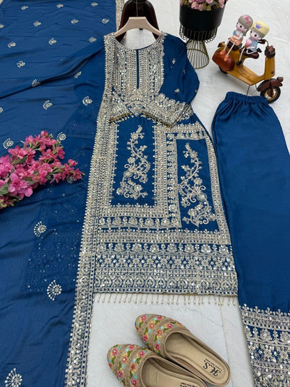 Designer Party Top Pent & Dupatta Set in blue color