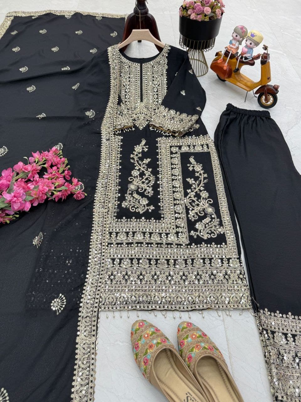 Designer Party Top Pent & Dupatta Set in black color