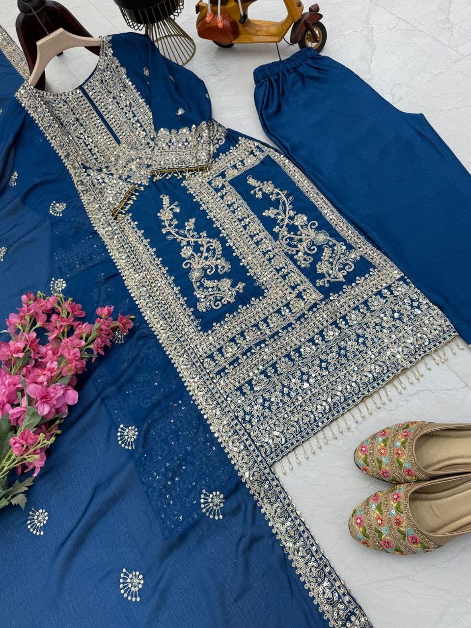 Designer Party Top Pent & Dupatta Set in blue color