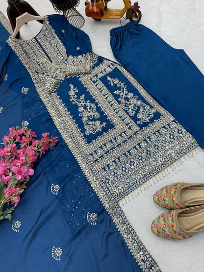 Designer Party Top Pent & Dupatta Set in blue color