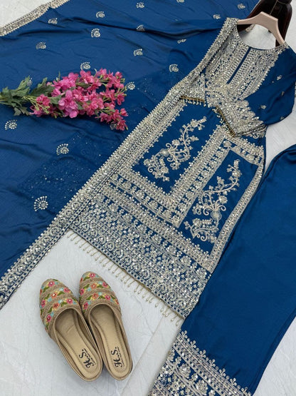 Designer Party Top Pent & Dupatta Set in blue color