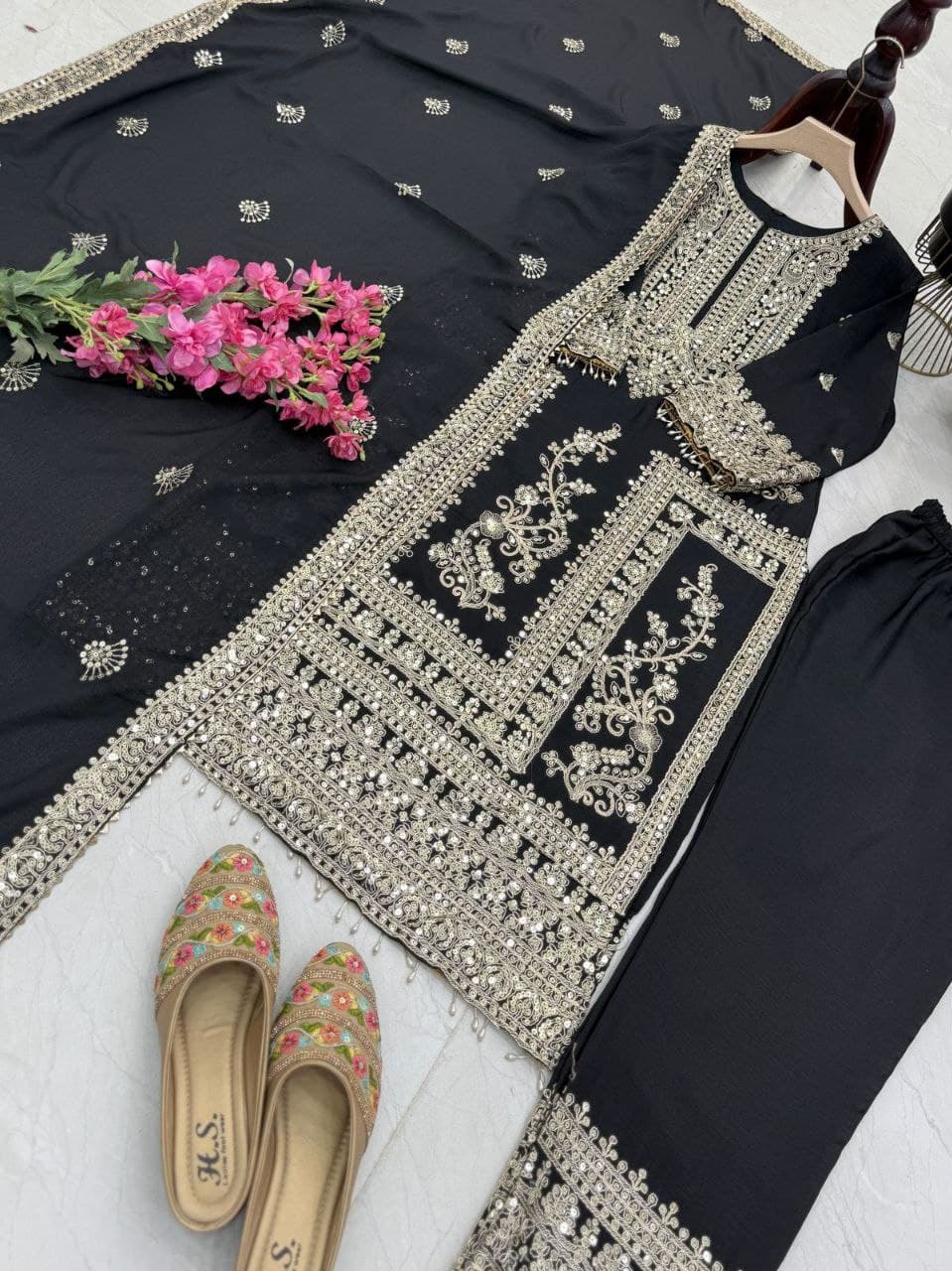 Designer Party Top Pent & Dupatta Set in black color
