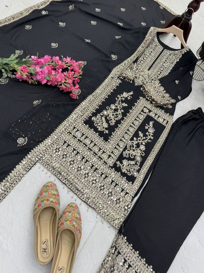 Designer Party Top Pent & Dupatta Set in black color