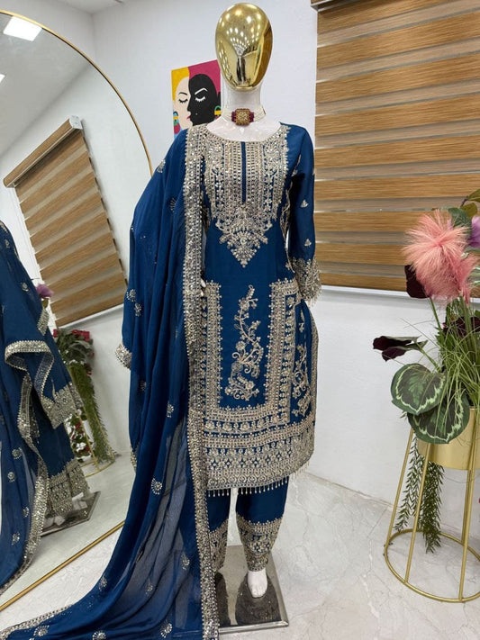Designer Party Top Pent & Dupatta Set in blue color