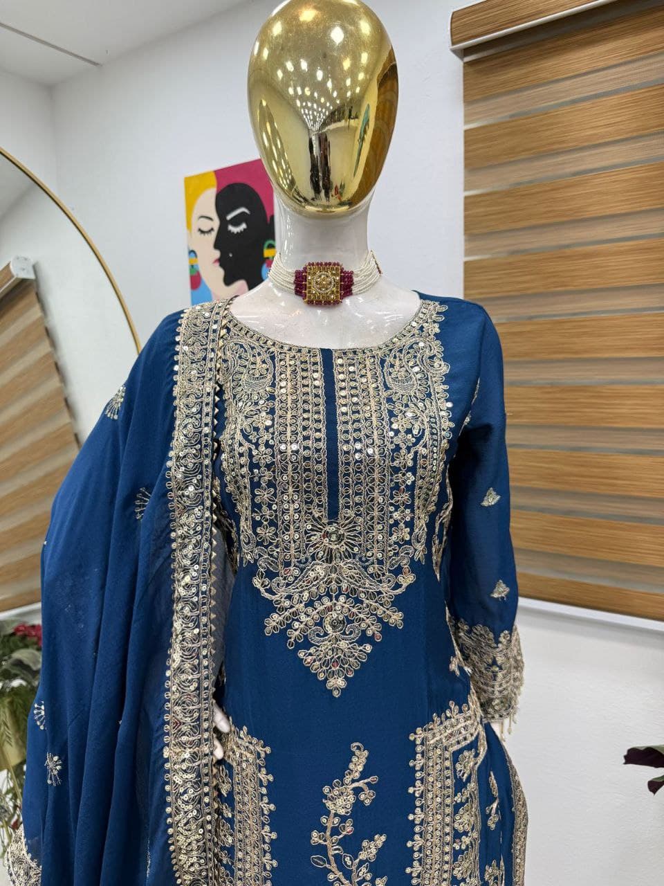 Designer Party Top Pent & Dupatta Set in blue color
