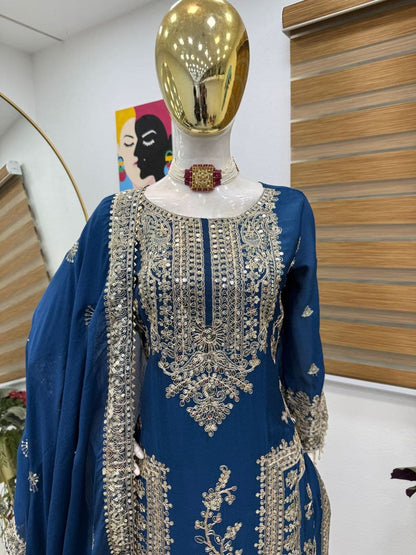 Designer Party Top Pent & Dupatta Set in blue color