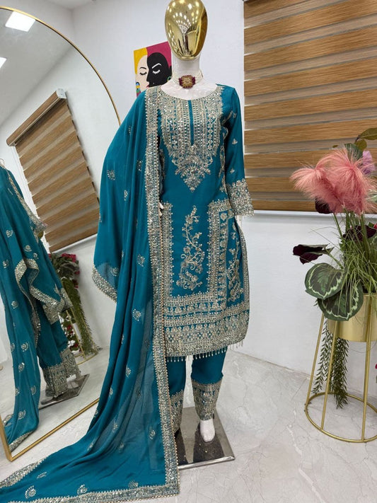 Designer Party Top Pent & Dupatta Set in blue color