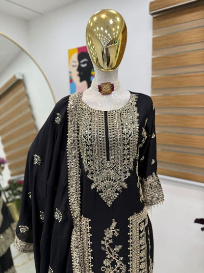 Designer Party Top Pent & Dupatta Set in black color