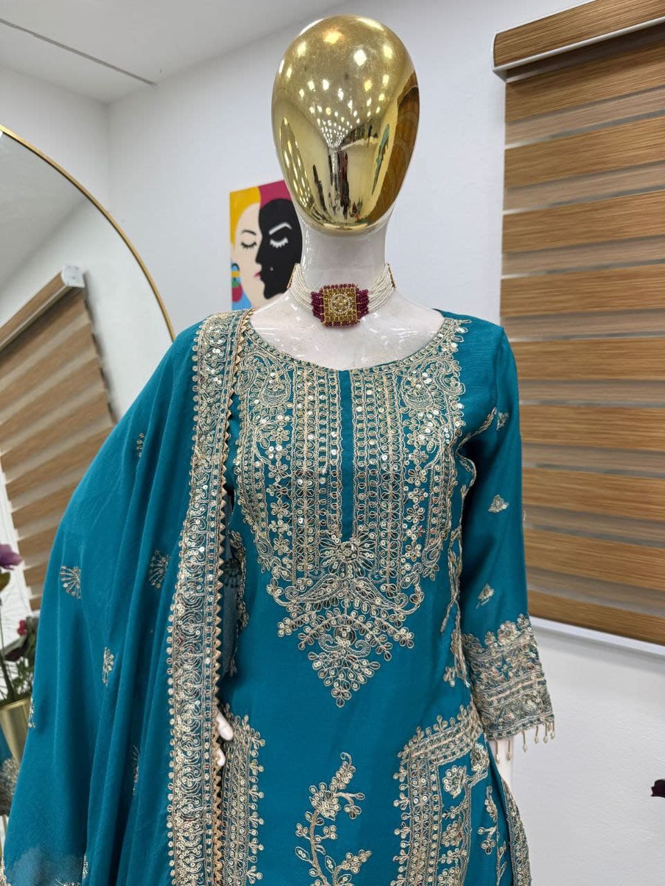 Designer Party Top Pent & Dupatta Set in blue color