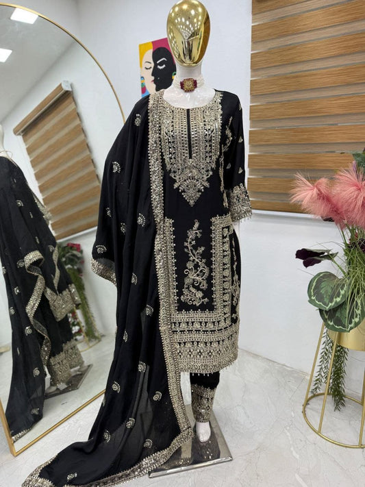 Designer Party Top Pent & Dupatta Set in black color