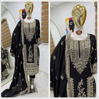 Designer Party Top Pent & Dupatta Set in black color