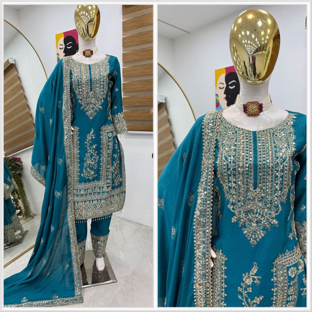 Designer Party Top Pent & Dupatta Set in blue color