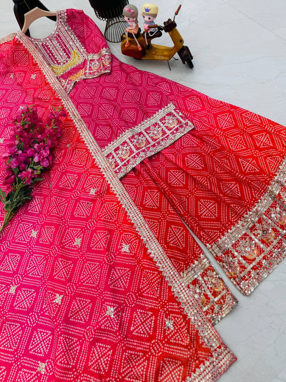 Designer Party Sharara Suit & Dupatta Set in pink red color