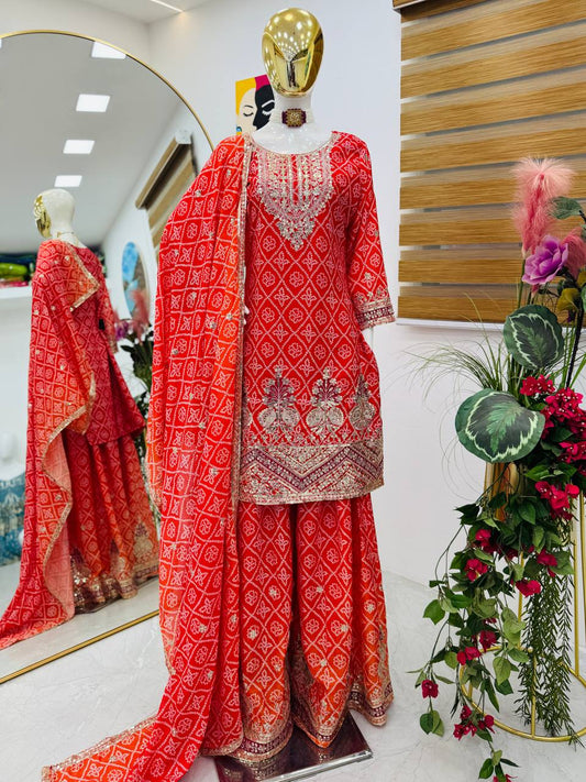 Designer Party Sharara Suit & Dupatta Set in red color