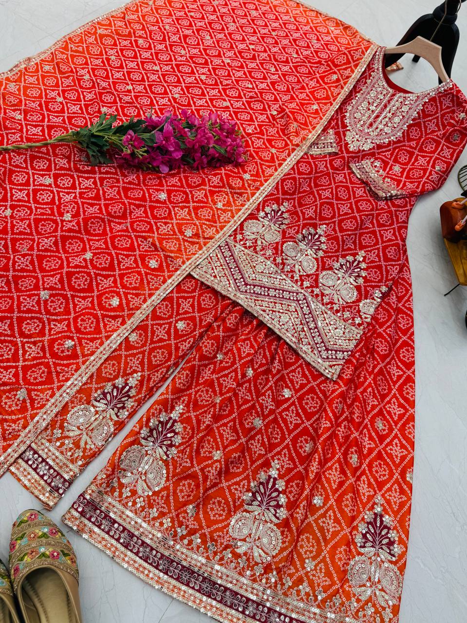 Designer Party Sharara Suit & Dupatta Set in red color