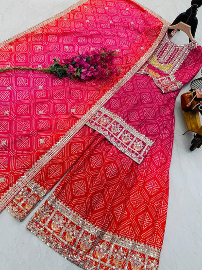 Designer Party Sharara Suit & Dupatta Set in pink red color