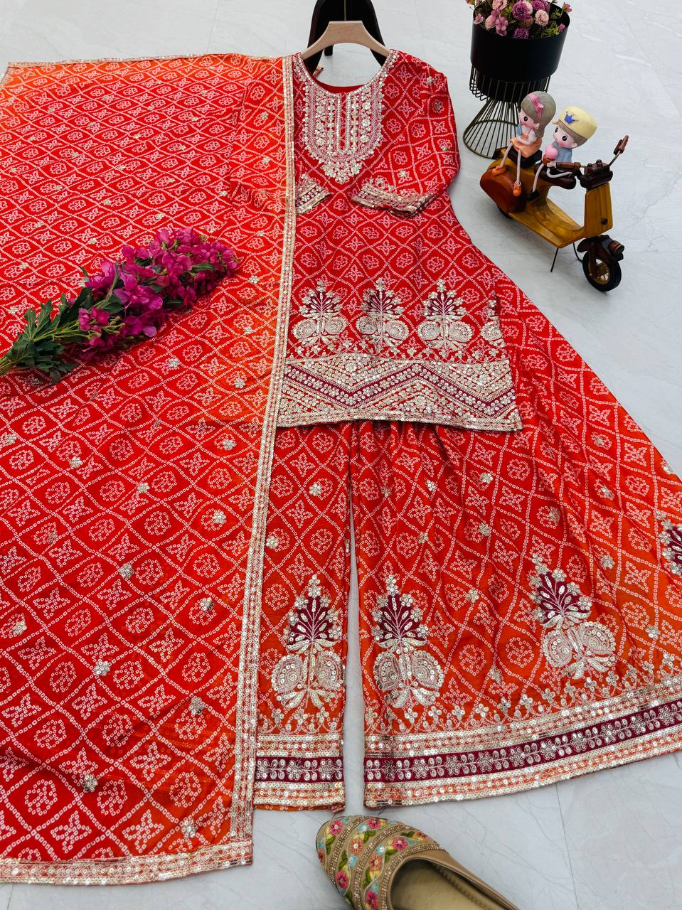 Designer Party Sharara Suit & Dupatta Set in red color