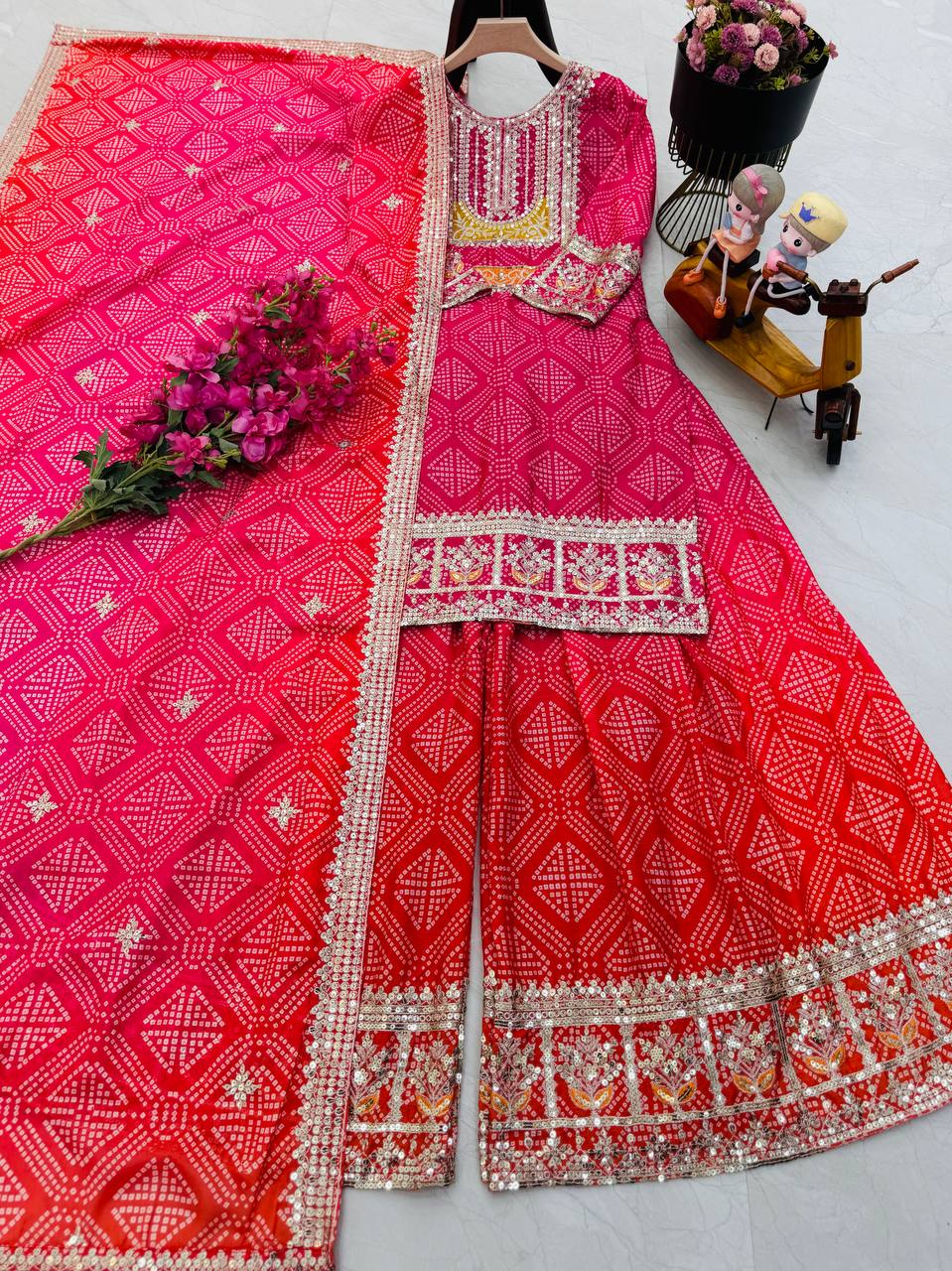 Designer Party Sharara Suit & Dupatta Set in pink red color