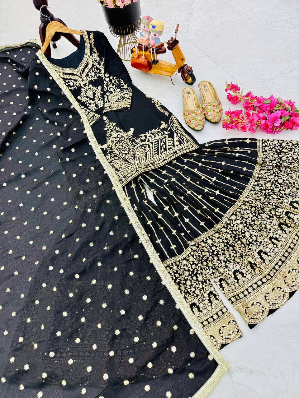 Black Color Beautiful Partywear Designer Party Top Sharara & Dupatta