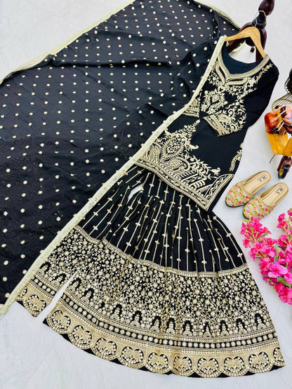 Black Color Beautiful Partywear Designer Party Top Sharara & Dupatta