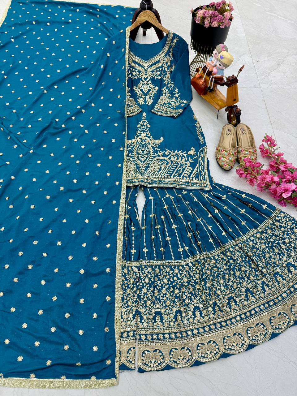 BLue Color Beautiful Partywear Designer Party Top Sharara & Dupatta