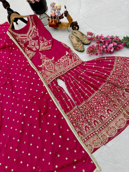 Red Color Beautiful Partywear Designer Party Top Sharara & Dupatta