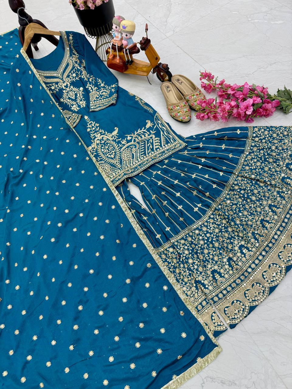 BLue Color Beautiful Partywear Designer Party Top Sharara & Dupatta