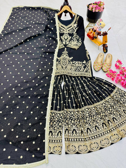 Black Color Beautiful Partywear Designer Party Top Sharara & Dupatta