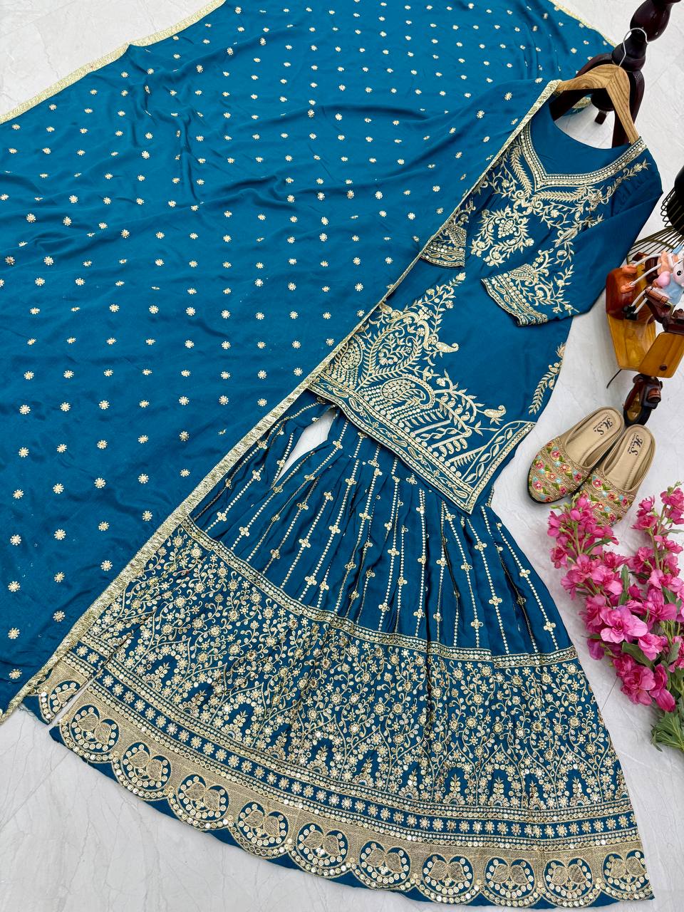 BLue Color Beautiful Partywear Designer Party Top Sharara & Dupatta