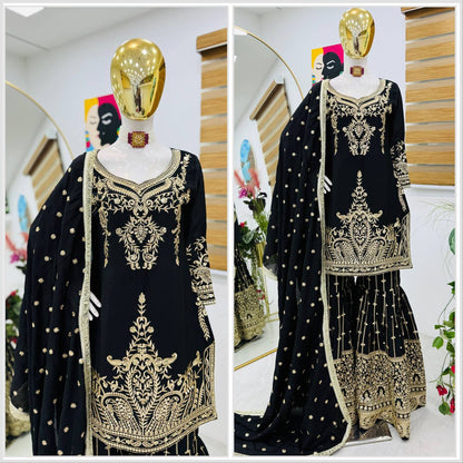 Black Color Beautiful Partywear Designer Party Top Sharara & Dupatta