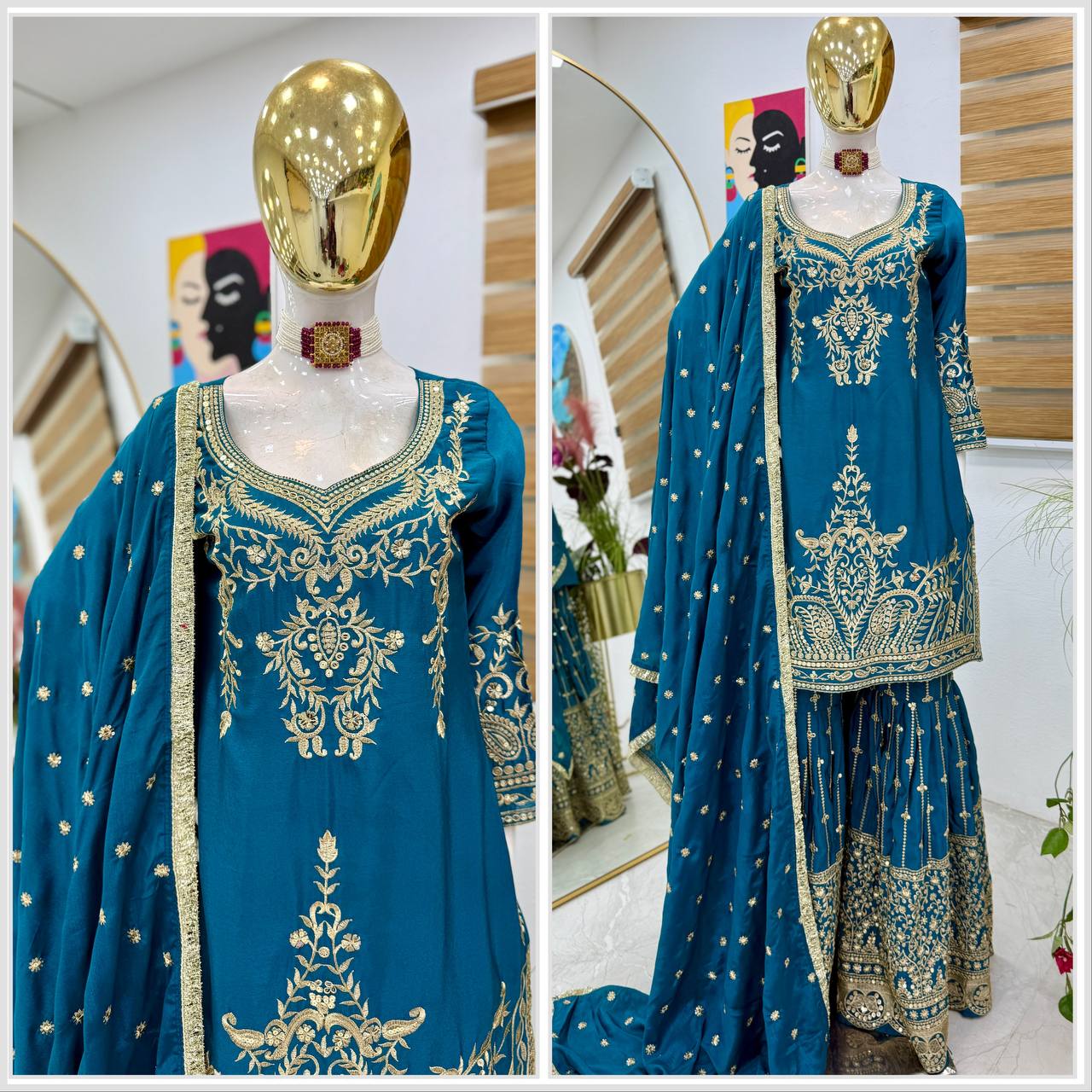 BLue Color Beautiful Partywear Designer Party Top Sharara & Dupatta