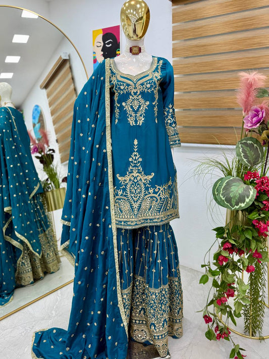 BLue Color Beautiful Partywear Designer Party Top Sharara & Dupatta