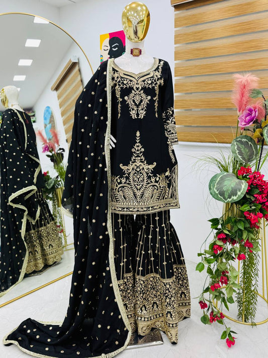 Black Color Beautiful Partywear Designer Party Top Sharara & Dupatta
