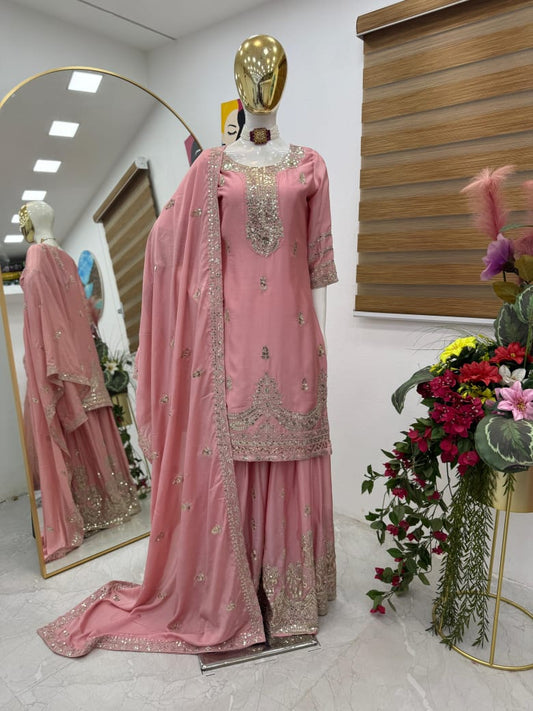 Designer Party Top Pallazo & Dupatta Set in pink color