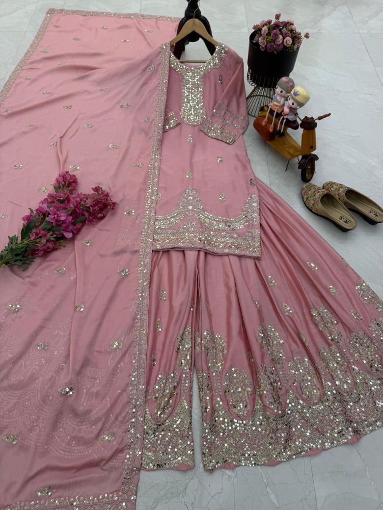 Designer Party Top Pallazo & Dupatta Set in pink color