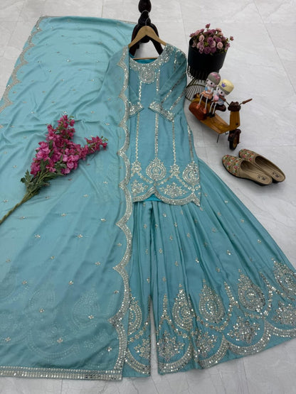 Designer Party Top Pallazo & Dupatta Set in sky blue color