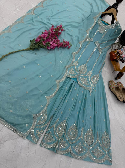 Designer Party Top Pallazo & Dupatta Set in sky blue color