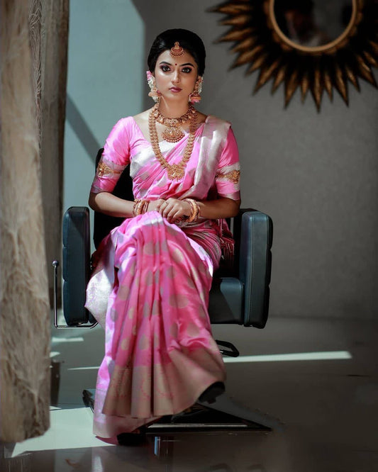 Pink Color Litchi Silk Fabric Saree for daily wear use