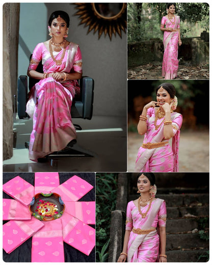Pink Color Litchi Silk Fabric Saree for daily wear use
