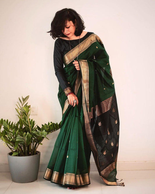 green Color Linen Fabric Saree for daily wear use