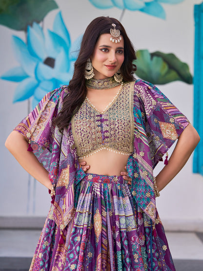 Purple Color Beautiful Lehenga Choli in Chinon Silk Fabric