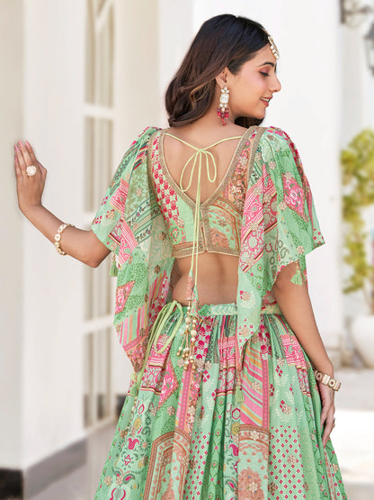 Green Color Beautiful Lehenga Choli in Chinon Silk Fabric