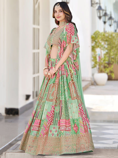 Green Color Beautiful Lehenga Choli in Chinon Silk Fabric
